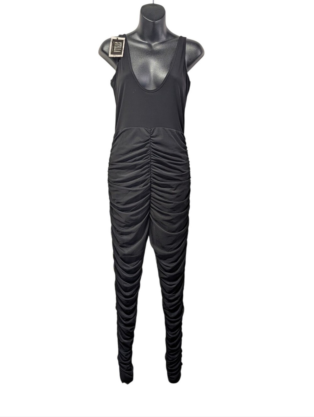 STELLA Women's Black Mesh Ruched Sleeveless Scoop Neck Skinny Jumpsuit Sz L NWT